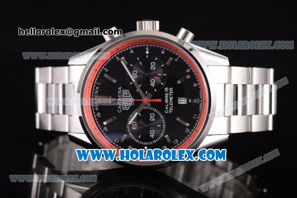 Tag Heuer Carrera Calibre 18 Chronograph Miyota Quartz Steel Case/Bracelet with Black Dial and Stick Markers - Red Inner Bezel - Click Image to Close